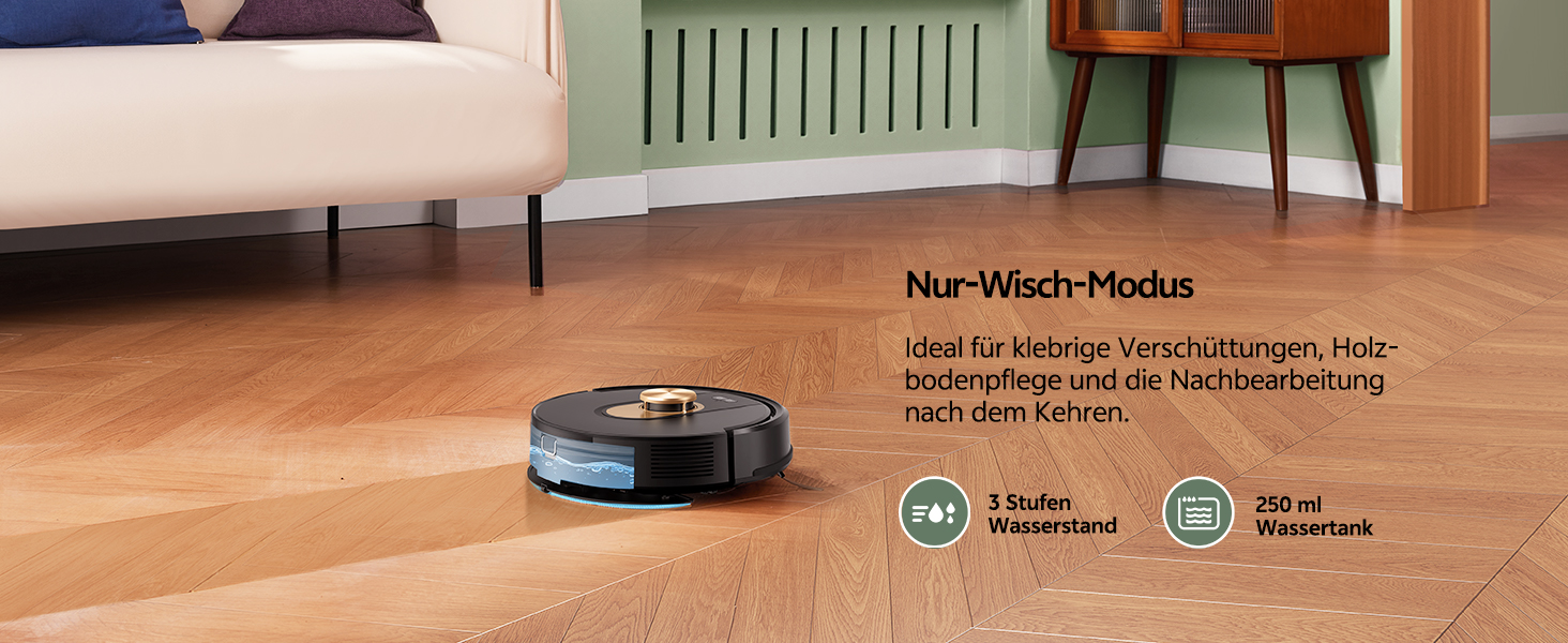 Робот-пилосос Vexilar з функцією миття підлоги, 8000Pa, LiDAR-навігація, 5 карт, 180 хв роботи, 50dB, керування через додаток та голосовий помічник, для твердих поверхонь та килимів, золотий