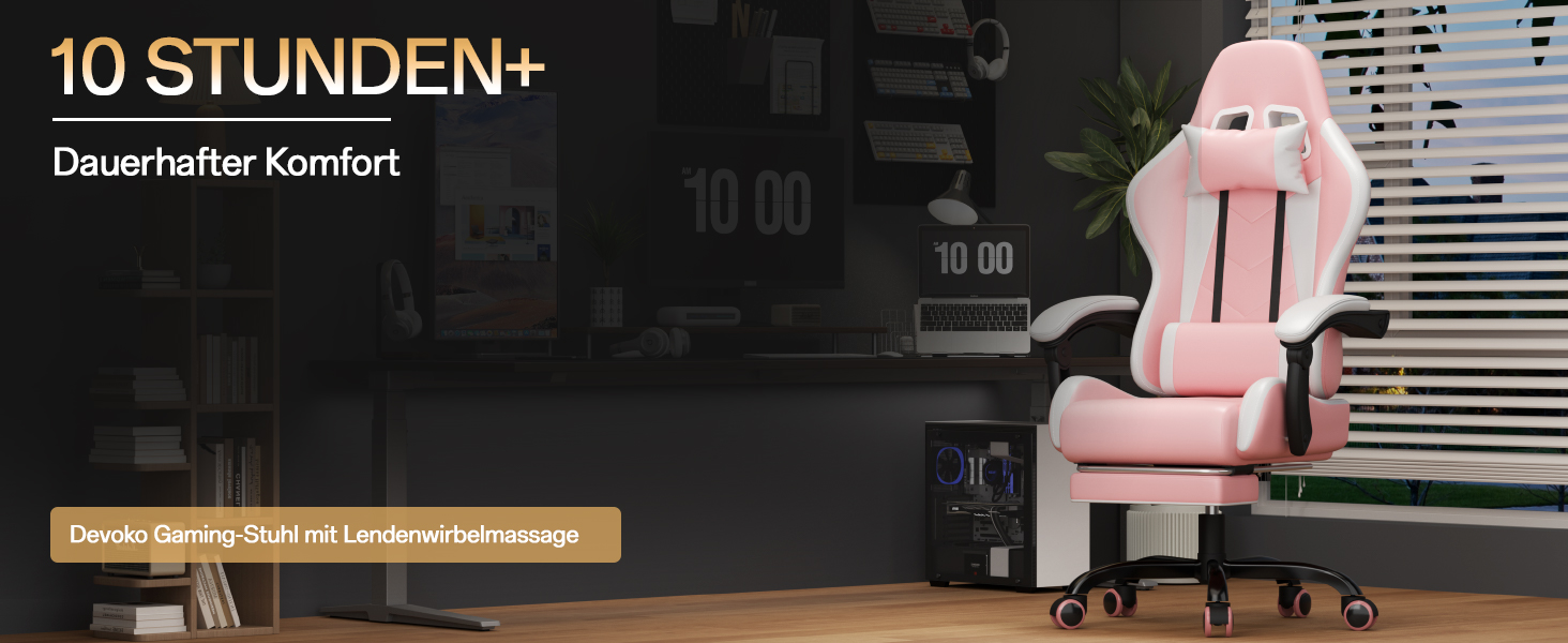 Ігровий крісло JUMMICO з масажем, ергономічний офісний стілець з підголовником, регульована спинка 90-135°, підставка для ніг, витримує до 150 кг (Рожевий, Компактний)