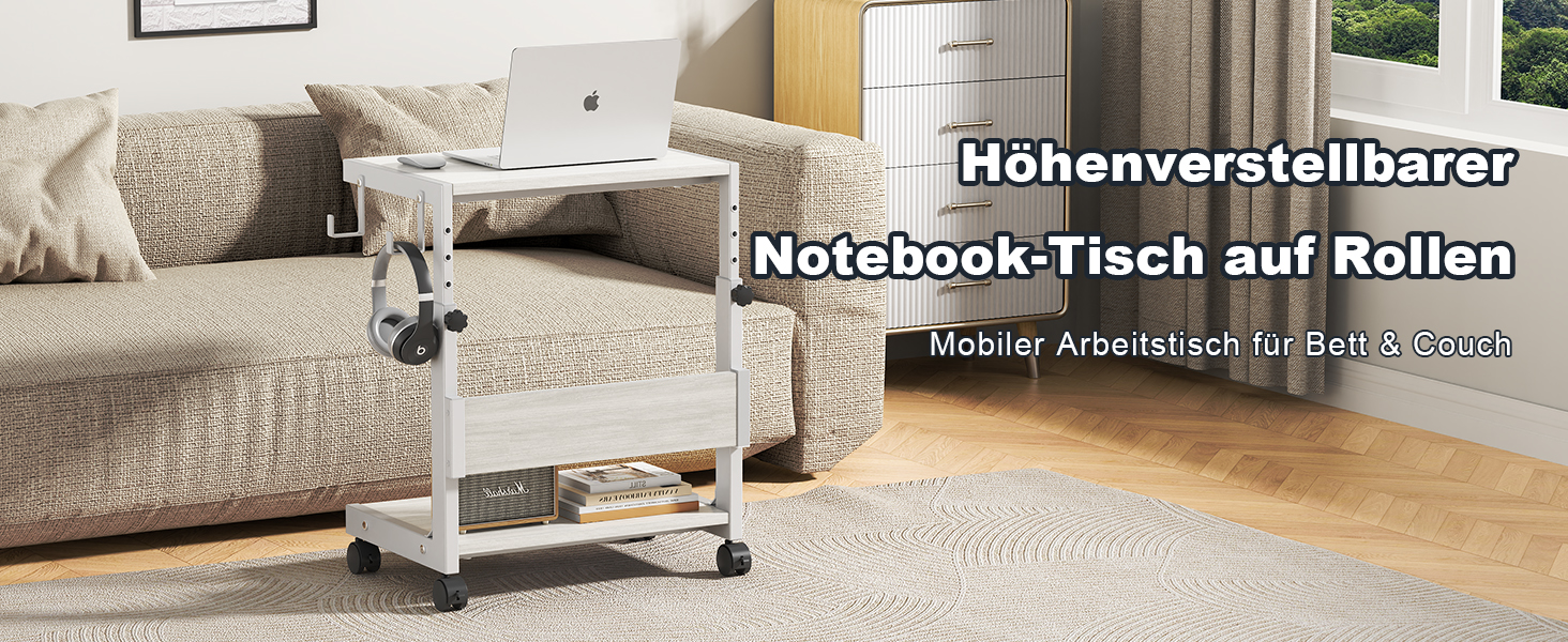 Регульована підставка для комп'ютерного блоку з 2 полицями та місцем для зберігання – для корпусів ATX, принтерів, з фіксуючими колесами (білий, W44 x D30 x H44-59.5см)