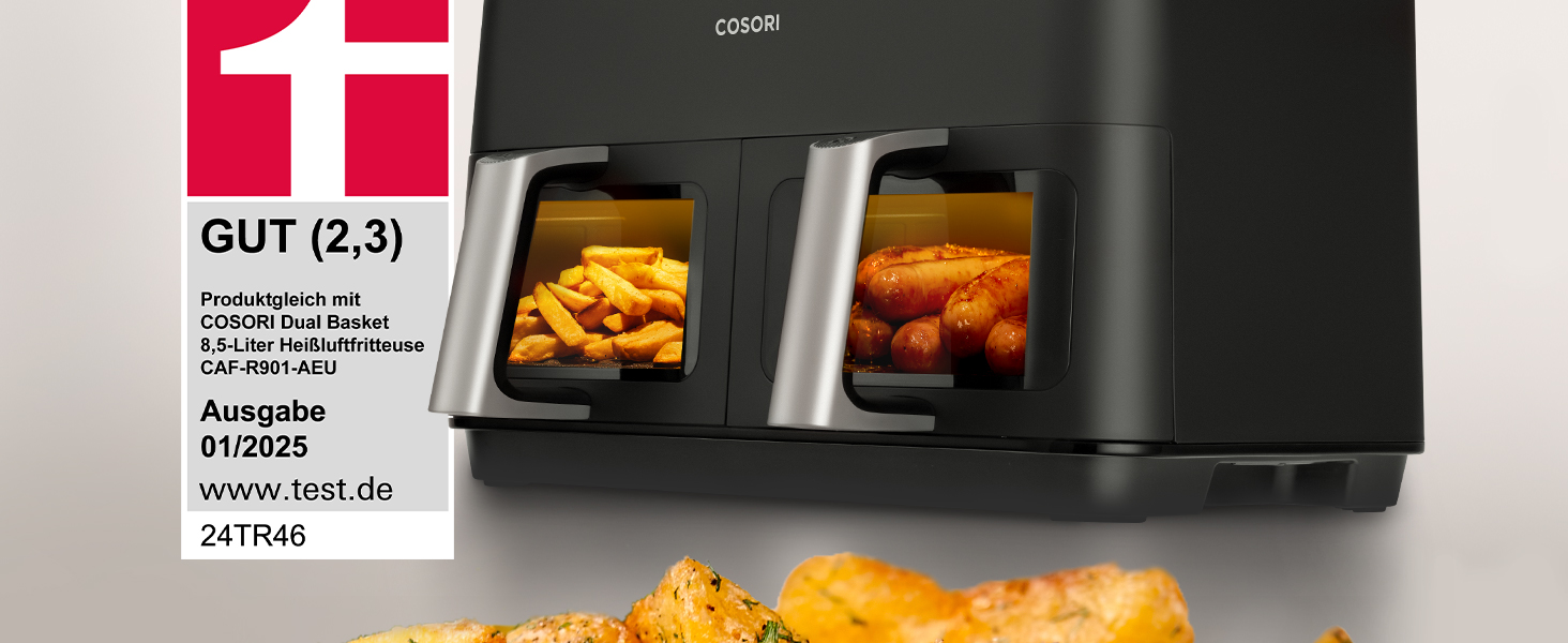 Фритюрниця без олії COSORI з 2 камерами, 8,5л, з вікном, сталевий внутрішній корпус