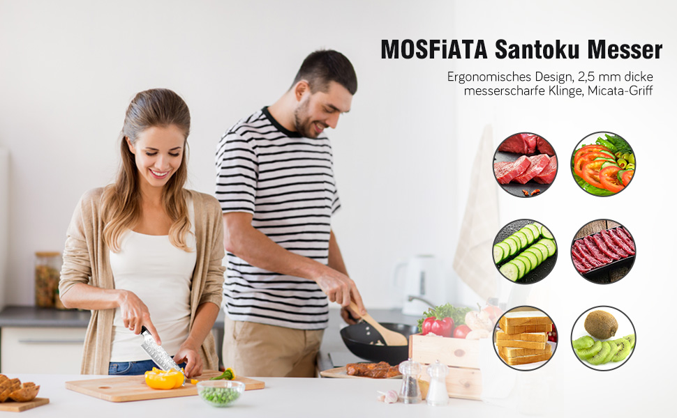 Ніж кухарський MOSFiATA Santoku, професійний ніж для кухні, універсальний ніж з нержавіючої сталі, дуже гостре лезо, з подарунковою коробкою 7