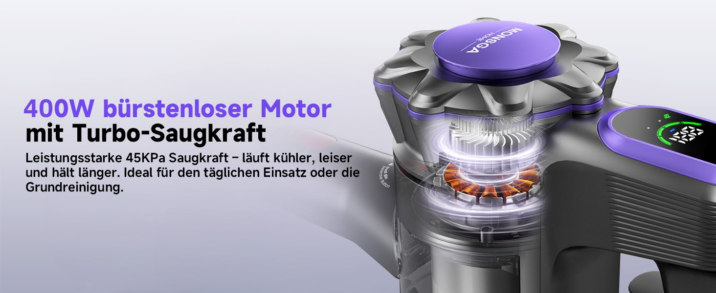 Бездротовий акумуляторний пилосос MONSGA з великою потужністю 45000Pa, до 50 хвилин роботи, дисплеєм, антизаплутана насадка, самостійна парковка, настінна зарядка, 8-шарова фільтрація, безщітковий двигун, для твердих поверхонь, килимів, шерсті тварин та авто.