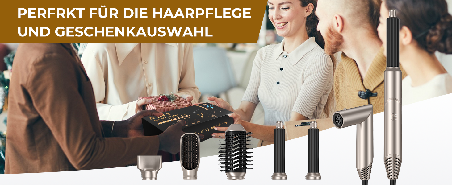 UKLISS Airstyler 5-в-1: Фен-щітка, стайлер для волосся з іонізацією, випрямляч, плойка для локонів, насадки для укладання. Золото-білий колір