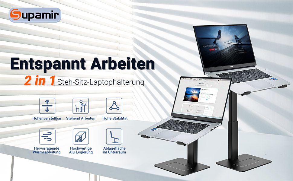 Регульований підставка для ноутбука, стійка для ноутбука на стіл, можливість стоячи, підставка для DJ, компактна альтернатива столу, сумісна з MacBook та ноутбуками 13'-16.5', чорний Polar-Schwarz