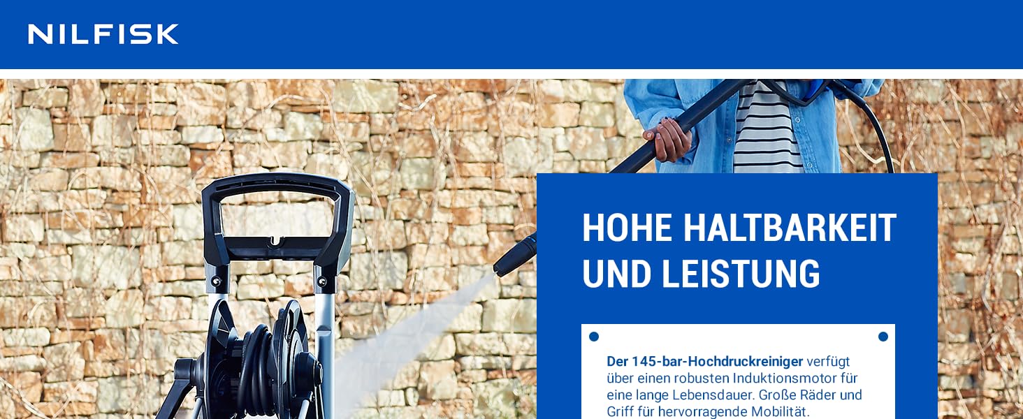 Мийка високого тиску Nilfisk E 145 Bar з пінотворечем, насадкою для миття поверхонь, щіткою та набором для чищення труб (2100 Вт)