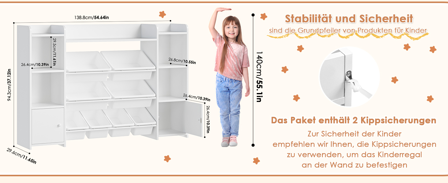 FOREHILL Дитяча полиця з 8 ящиками, дитячий шафчик, полиця для книг для дітей, органайзер для зберігання в дитячій кімнаті, меблі з іграшковою коробкою, 138,8 x 94,3 x 29,6 см, білий