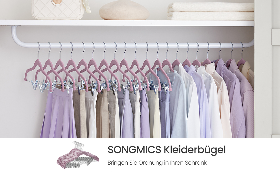 Плечики SONGMICS для одягу, 20 шт., велюрові, для штанів, пальто, суконь, 42,5 см, з регульованими кліпсами, неслизькі, економні, CRF012B20