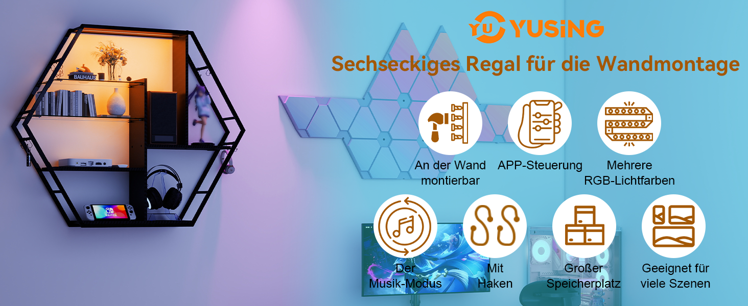 Підвісні полиці YU YUSING з RGB підсвічуванням 7 кольорів, геймерські полиці з 8 гачками, стелажі для демонстрації, настінні вітрини з 2 скляними полицями, підвісні шафи для спальні, кухні, бару, ігрової кімнати, декор, гексагон, карбонове покриття
