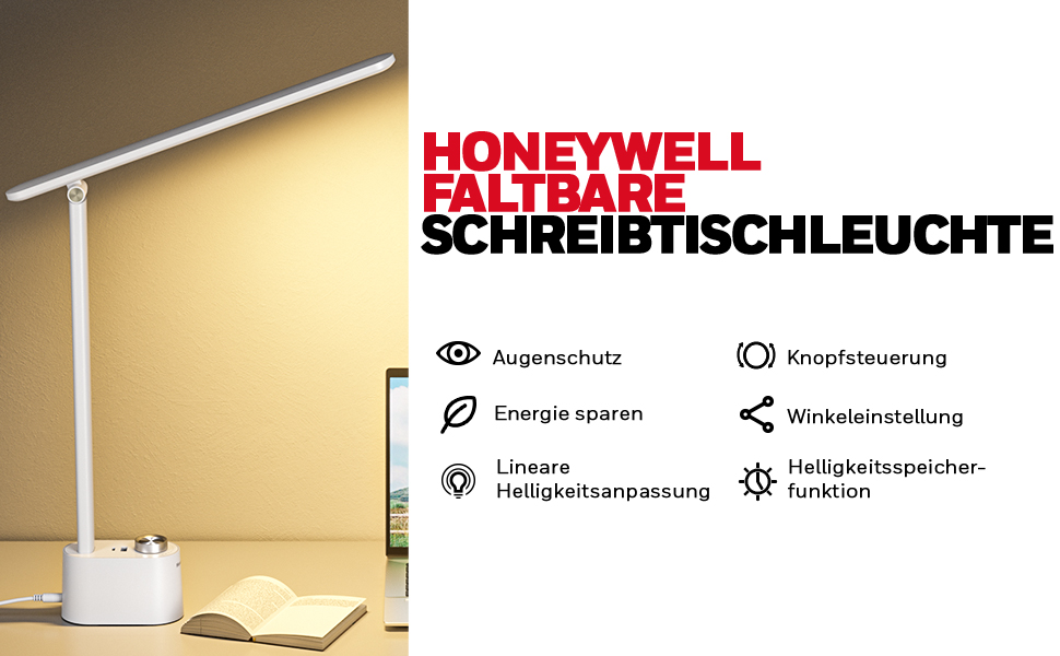 Настільна лампа Honeywell з USB, з можливістю затемнення, легко для очей, складна, HWT-H01 (біла)