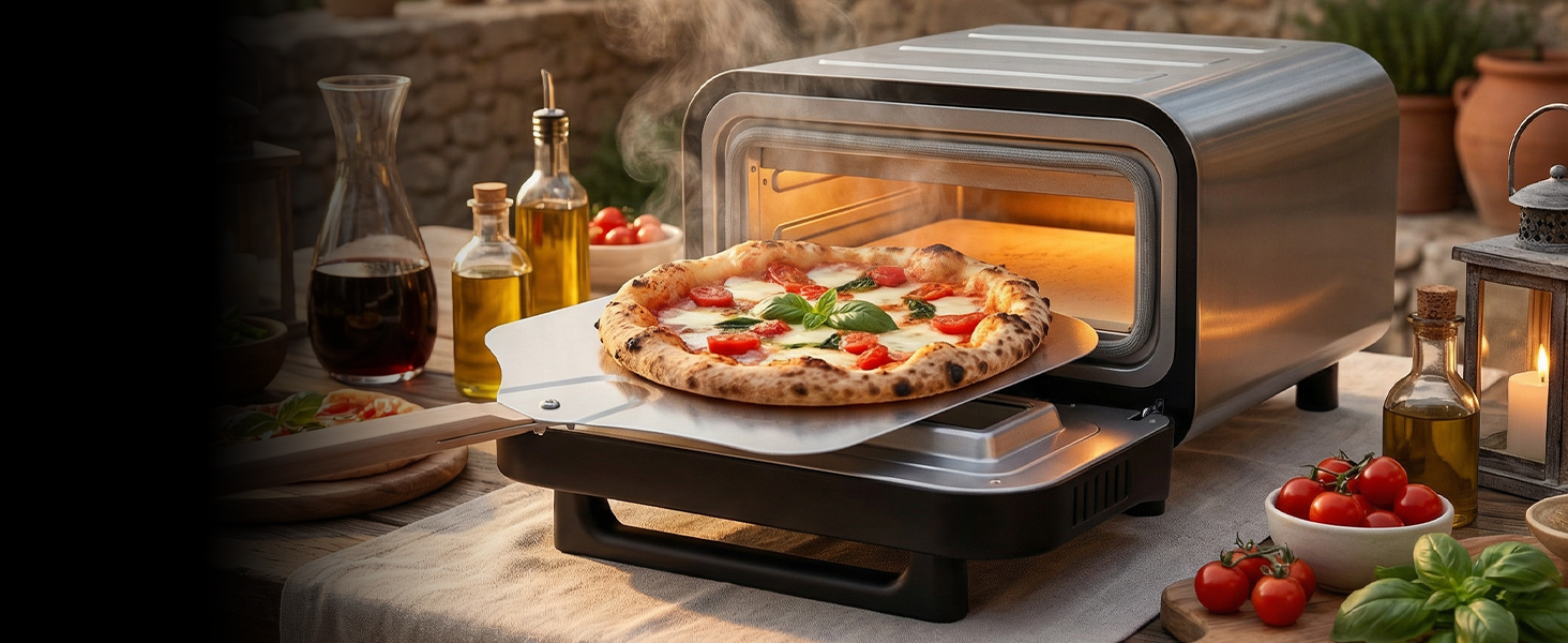 Електрична піч для піци Heidenfeld Pizzaboss, 1850 Вт, до 450°C, повний набір, сріблясто-чорний