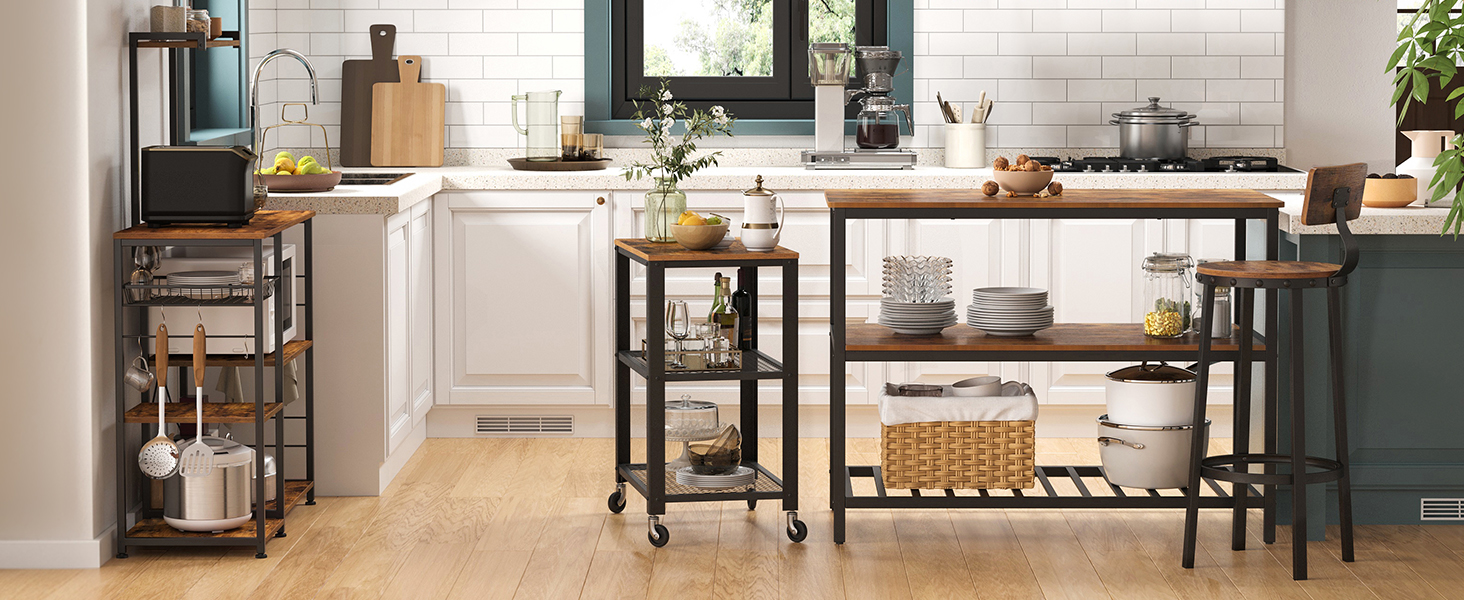 Сервісний столик VASAGLE з 3 ярусами, вінтажний, рустикальний, з роликами, для кухні та вітальні, міцний, з дерев'яною платформою, LRC78X