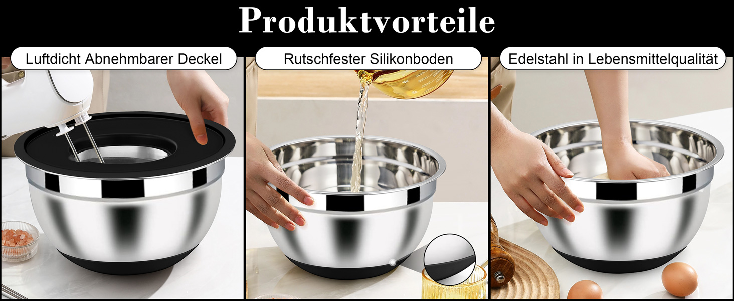 Набір місок Homikit з нержавіючої сталі, 6 шт. з тертками, кришкою та силіконовим дном, 4.6/2.8/2.5/1.6/1.2/0.7 л, чорний