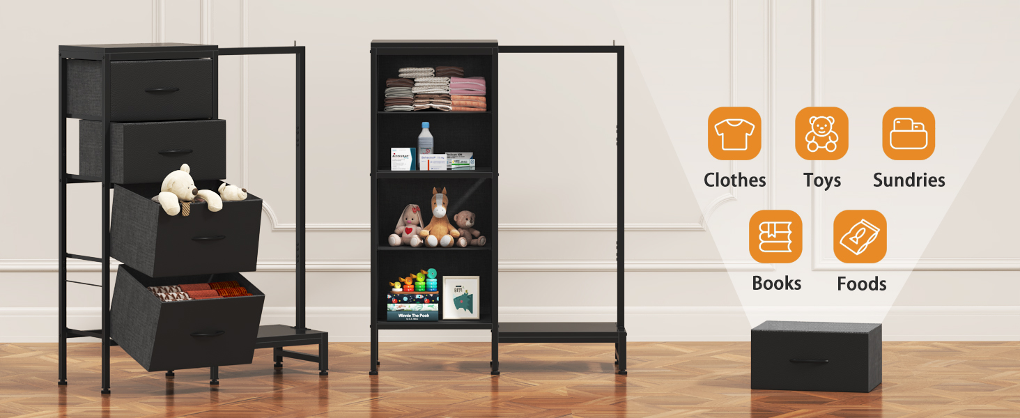 Комод 111 см з 4 висувними ящиками з тканини, шафа для одягу, комод для спальні, вітальні, коридору, чорний (30T x 76.5B x 111H см)