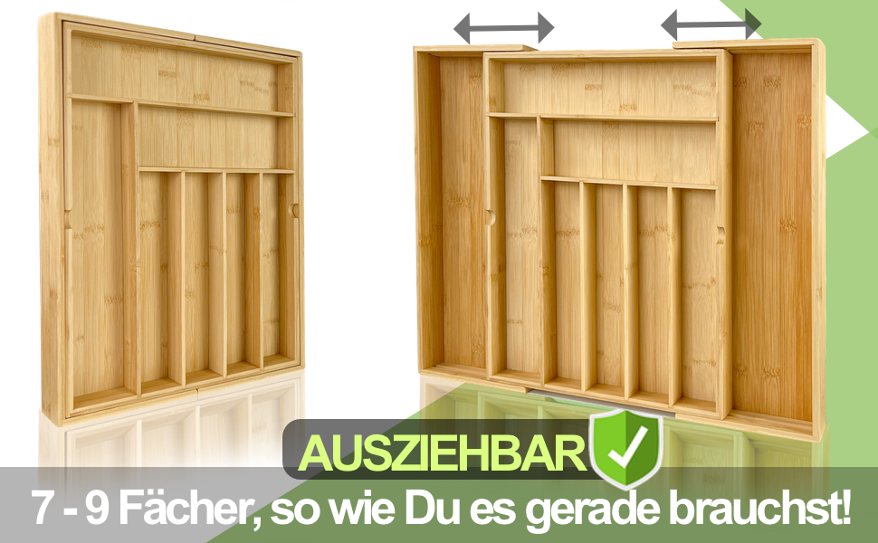 Вставка для столових приладів CAPRETY з бамбука для висувних ящиків, в тому числі. Електронна книга 50 рецептів-сертифікована FSC-9 відділень-Регульований розмір-Auszie