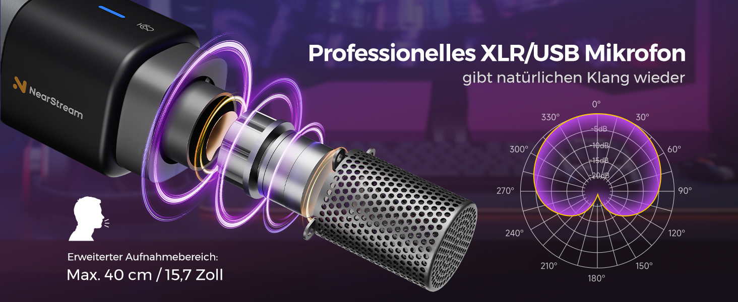 Конденсаторний мікрофон NearStream AM25X з підставкою, USB/XLR, для подкастів, стрімінгу, студії та ігор (PC/PS5/PS4), з функцією моніторингу та шумозаглушення