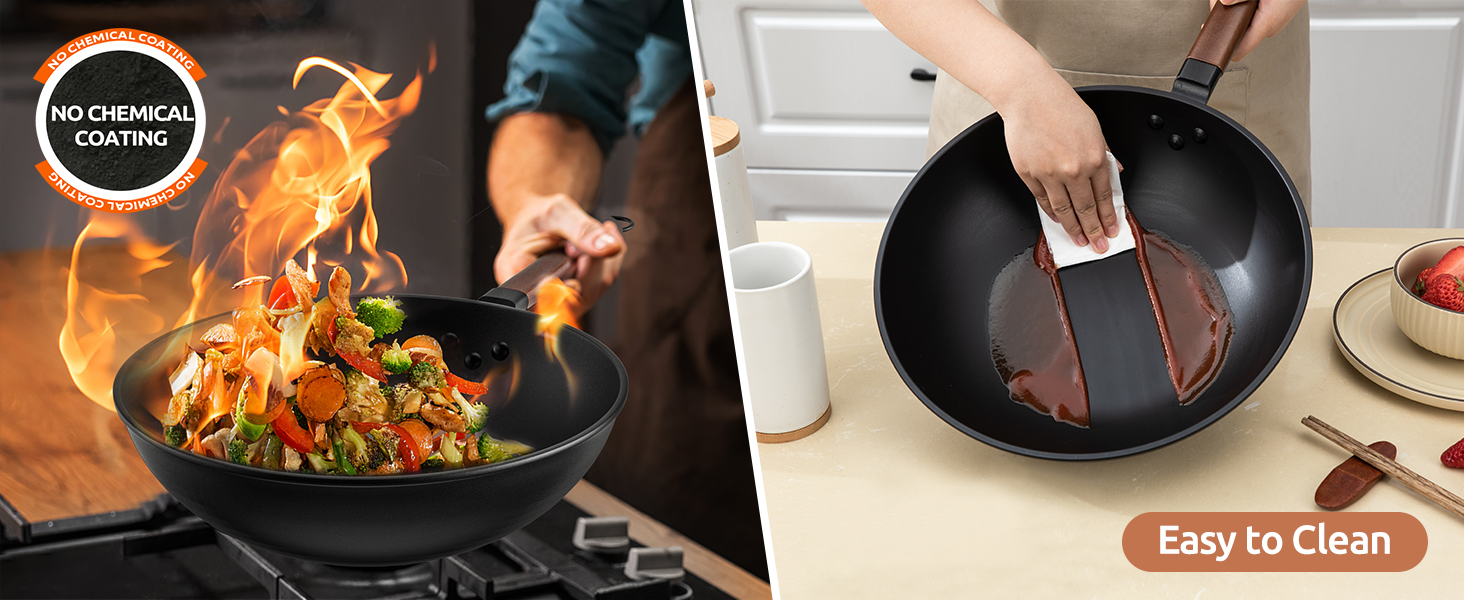 Вок Jobin 33 см, 5.6 л з кришкою, з вуглецевої сталі, для приготування азійських страв, 4-6 осіб, сумісний з індукцією, електрикою, газом, чорний