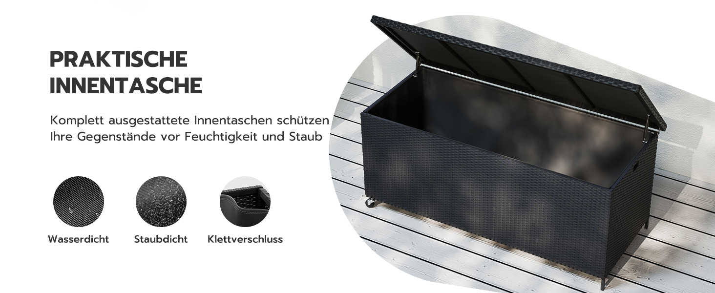 Водонепроникна садовий ящик-бокс UDPATIO з колесами 480л, чорний 138x61 см для саду та балкону