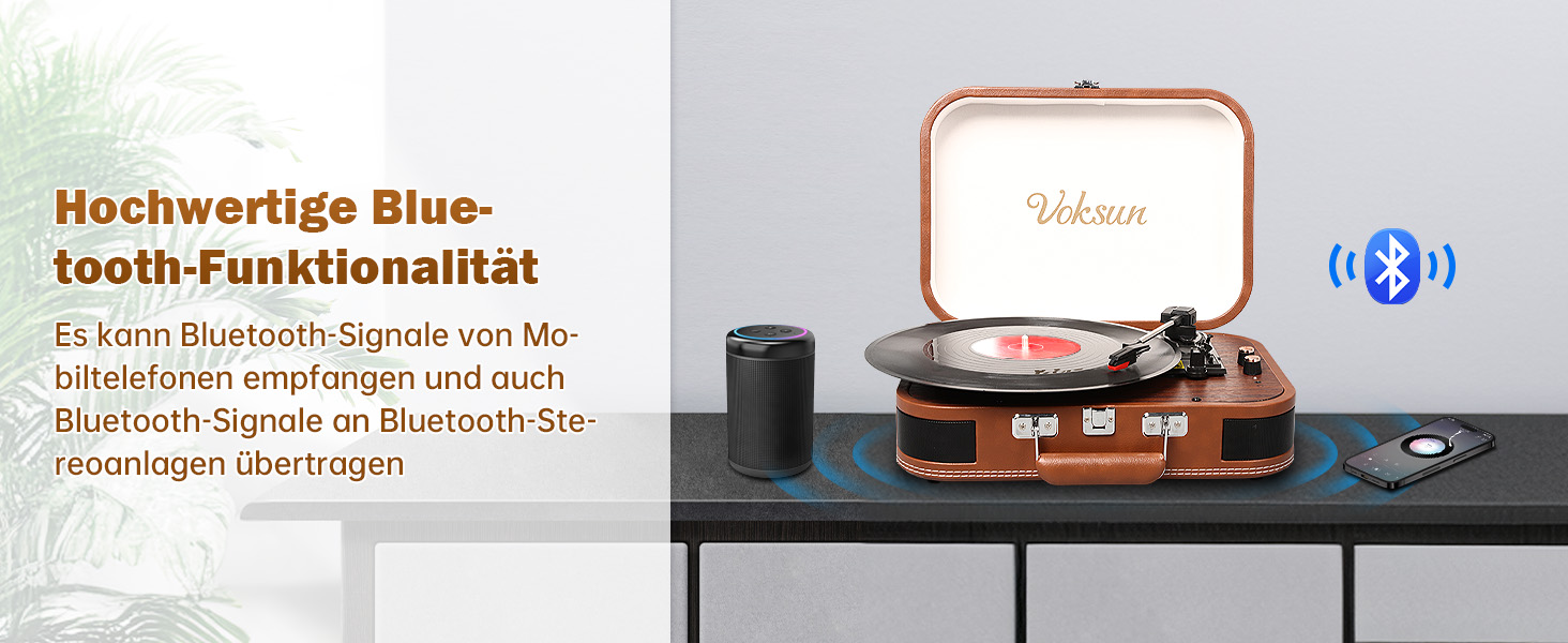 Вініловий програвач з динаміками і Bluetooth 5.4, USB, RCA/AUX, 33/45/78 об/хв, портативний ретро-кейс, коричневий