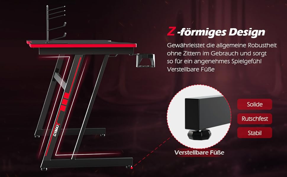 Ігровий стіл COSTWAY 120 см Z-подібний, комп'ютерний стіл з підсклянником, гачок для навушників, тримач геймпада, ергономічний стіл, робочий стіл Офісний стіл для ПК (чорно-червоний)