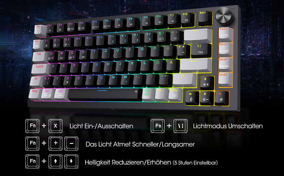 Механічна клавіатура KOORUI для геймінгу: бездротова/провідна/Bluetooth, 82 клавіші, QWERTZ (німецька розкладка), 4000mAh, RGB, Red Switch (червоний)