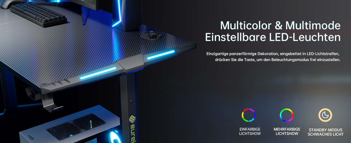 Ігровий стіл EUREKA ERGONOMIC з LED, 140x60 см. Стіл для геймерів з підсвіткою, органайзером для кабелів, тримачем для напоїв та навушників, чорний, X-Large