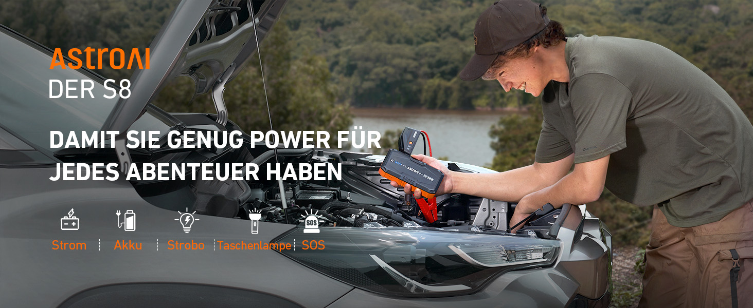 Powerbank Starthilfe AstroAI B8 для автомобіля: 1500A, 7.0L бензин/5.5L дизель, QC 3.0 USB, LED, 12V