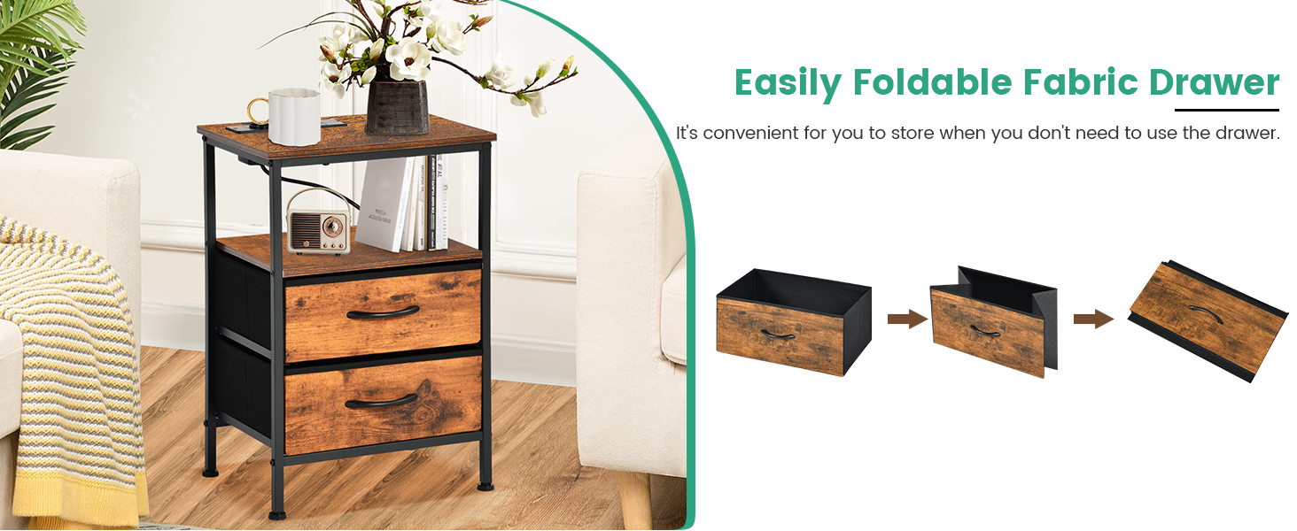 Нічні тумбочки EGGREE (2 шт) з зарядною станцією та шухлядами з тканини, колір вінтажний коричневий, для спальні, невеликих кімнат, готелю та апартаментів. USB-порти та розетки.