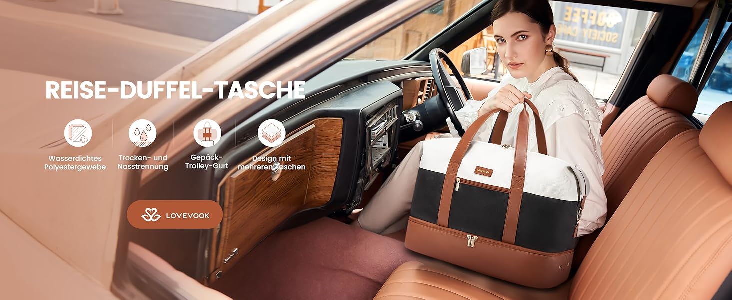 Спортивна сумка LOVEVOOK для жінок, дорожня сумка-валіза, дорожня сумка-мішок, сумка для подорожей, сумка для ручної поклажі в літак, сумка для пологового будинку, сумка для одягу з відділенням для взуття, косметичка, бежево-коричнево-чорна (чорна, 40x20x25см)