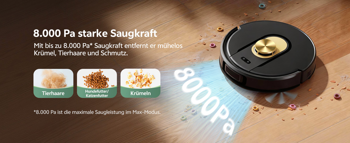 Робот-пилосос Vexilar з функцією миття підлоги, 8000Pa, LiDAR-навігація, 5 карт, 180 хв роботи, 50dB, керування через додаток та голосовий помічник, для твердих поверхонь та килимів, золотий