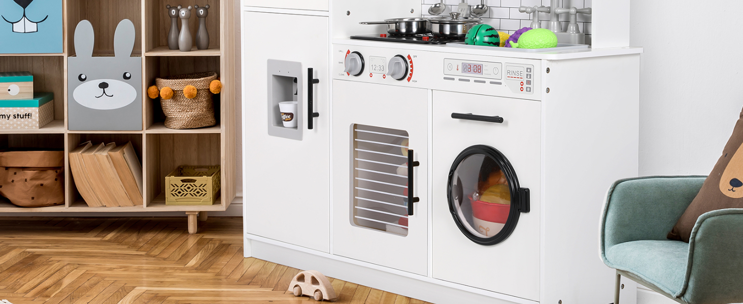 Дерев'яна дитяча кухня MAMIZO з підсвіткою та звуком, 82x80x25 см. Комплект іграшок для дітей від 3 років, біла