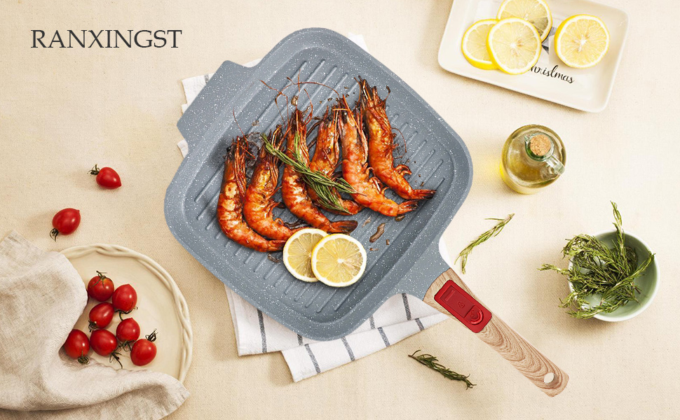 Сковорода-гриль індукційна з кришкою 26 x 24 см, антипригарне покриття кераміка, ручка знімна, для всіх типів плит (Блакитна)