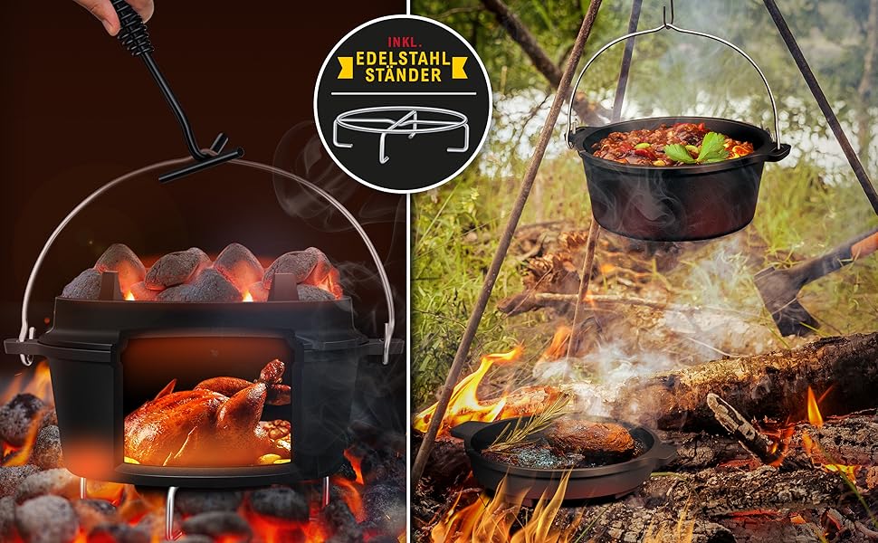 Набір чавунних казанів KESSER Dutch Oven для гриля та BBQ, 7.3 л, з підставкою з нержавіючої сталі, кришкознімачем та отвором для термометра, для використання на відкритому повітрі та вдома