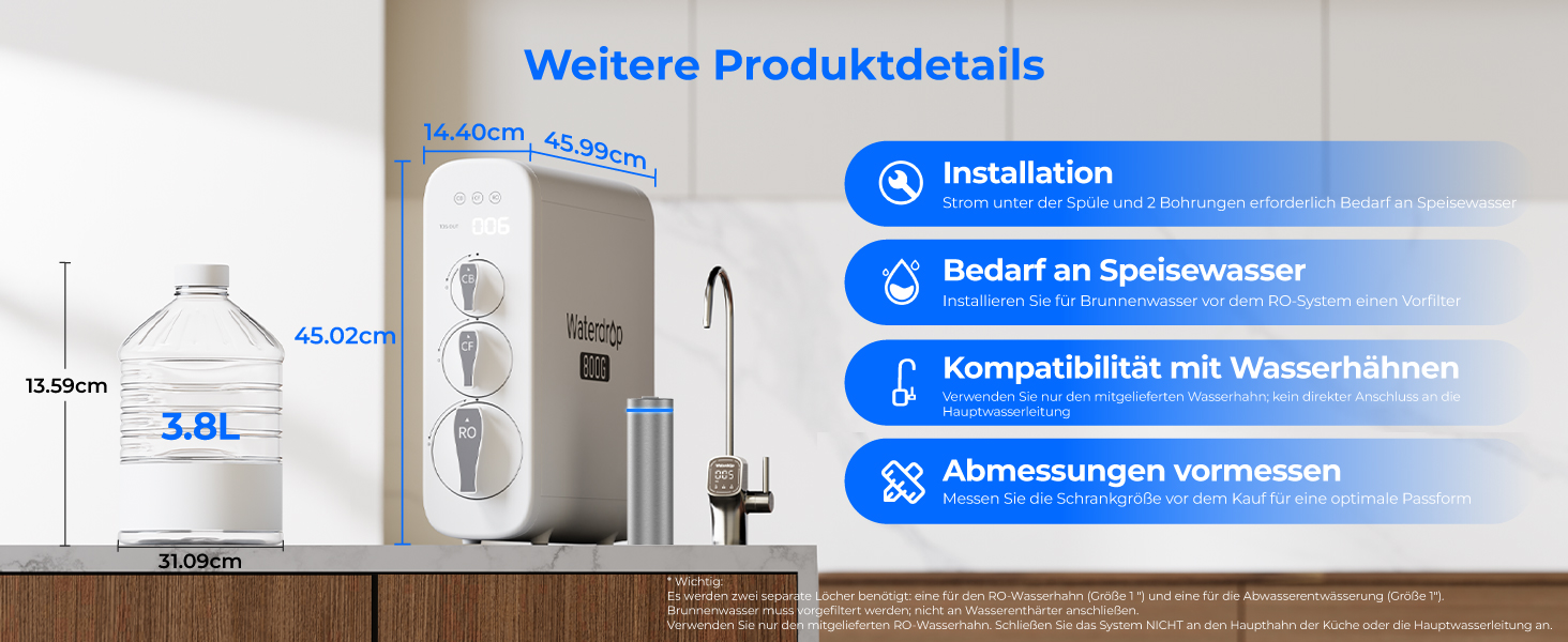 Waterdrop G2P600 Система фільтрації води зворотного осмосу, 8000 літрів, очищення 2:1, без бака, пом'якшувач води RO під мийку (G3-800G)