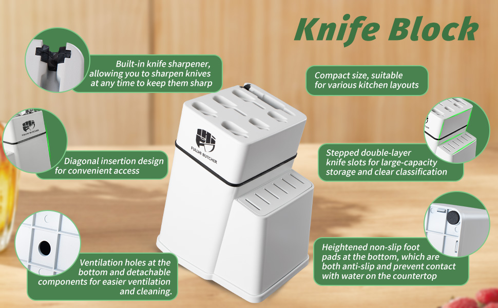 Набір кухонних ножів Fullhi 14 предметів у бруску з точилкою: кухонні ножі, ножі для стейку, багатокольорові ручки. Чудовий подарунок для чоловіків та жінок.