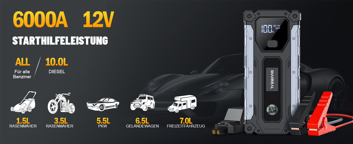 Powerbank для авто SHARMEAL 6000A: старт для бензинових та дизельних двигунів (до 10 л), 12V, LCD, LED ліхтарик
