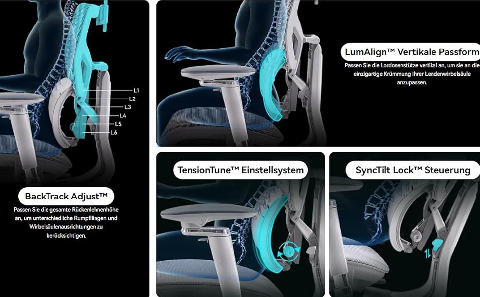 Офісний крісло MUSSO X700 з регульованою поперековою підтримкою GlideTrack, 6D підлокітниками, 4D підголівником та зсувною основою та підставкою для ніг – інтелектуальний комфорт для роботи, навчання та геймінгу (чорний)