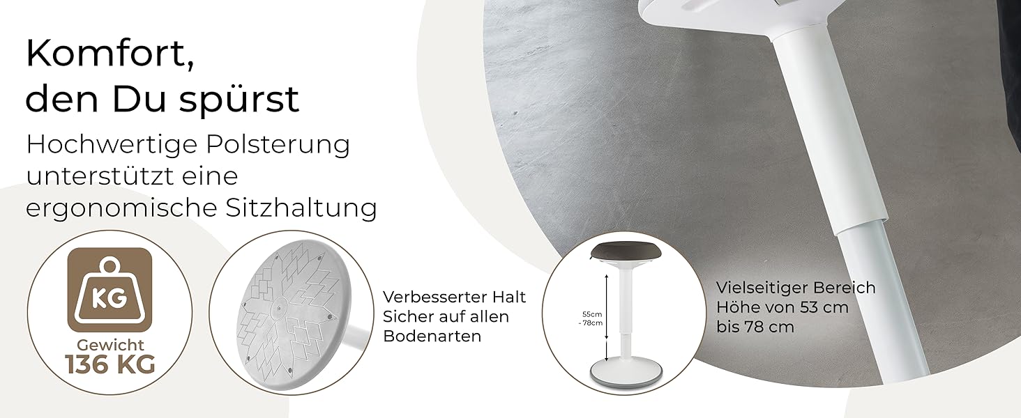 Standup.Today Ерганомічний хокер Ella (білий/зелений) – регульована висота 55-80 см – для офісу та дому – з ефектом гойдання