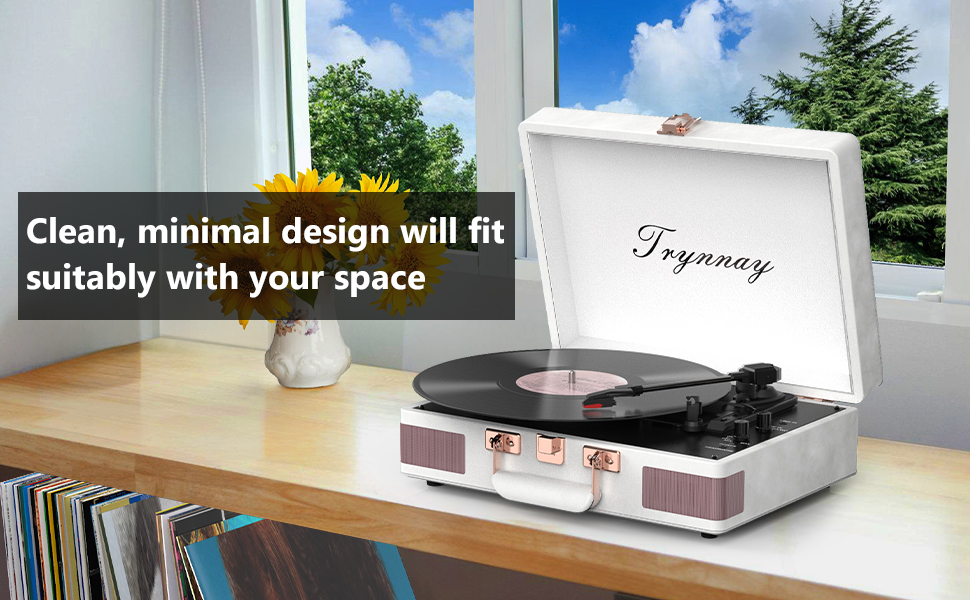 Вініловий програвач Trynnay 3-швидкісний з Bluetooth, портативний програвач у валізі з вбудованими динаміками, покращене аудіо, білий PU-шкіра