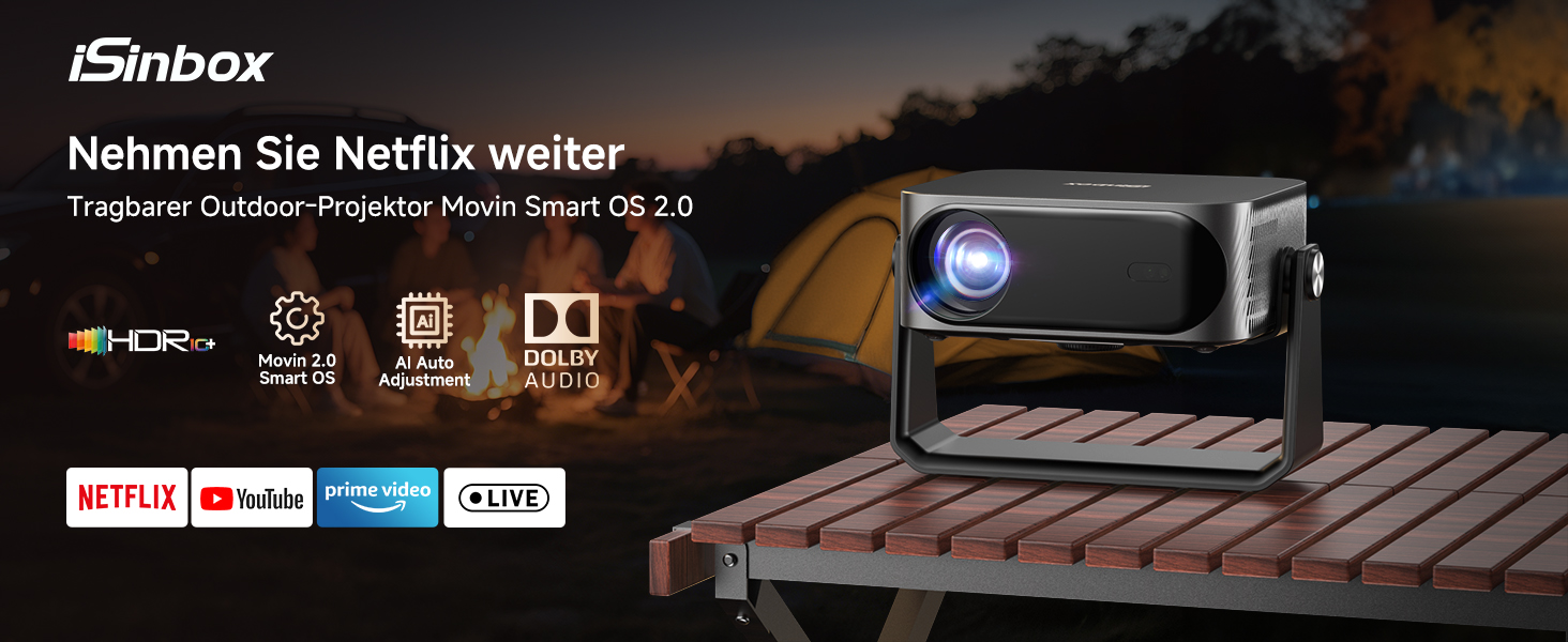 Розумний 4K проектор iSinbox з Netflix, автофокусом та корекцією трапеції, WiFi 6, Bluetooth 5.3, HDR10+, портативний домашній кінотеатр, сірий