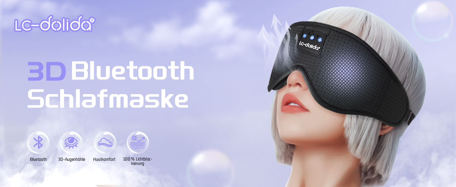 Маска для сну з навушниками Dolida Bluetooth V5.4, повна світлоблокація, дихаюча тканина, для жінок та чоловіків, для подорожей, відпочинку, йоги та медитації