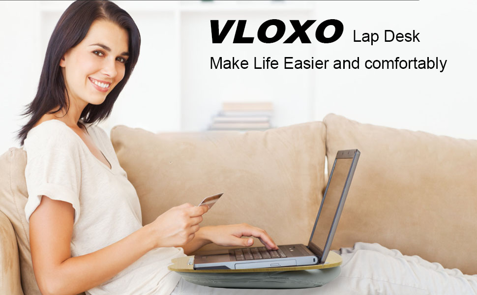 Підставка для ноутбука VLOXO бамбукова, портативна, для ліжка та дивану, з м'якою підкладкою, ергономічне коліно, з отвором для кабелю та протиковзкими смугами, для ноутбуків/планшетів/MacBook до 14 дюймів (срібна)