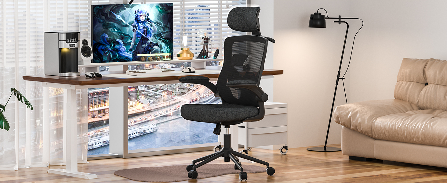 Ергономічне крісло для офісу з регульованою підголівником та поперековою підтримкою – високе офісне крісло з сітчастою спинкою та м'яким сидінням, вішалка для одягу та функцією блокування (Чорний)