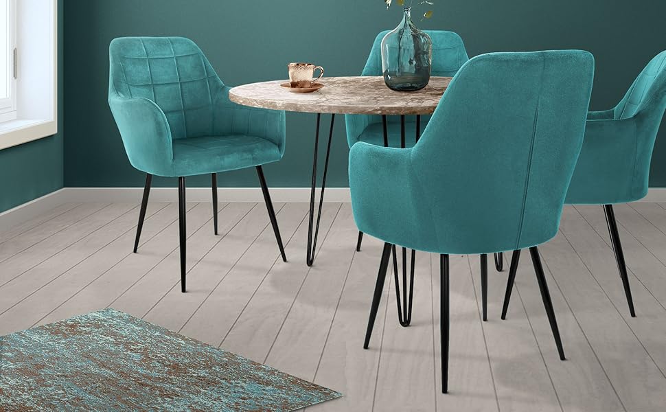 ECD Germany 6 стільців для їдальні з підлокітниками та спинкою, м'які крісла з велюровим покриттям, металеві ніжки, ергономічні стільці для обіднього столу, бірюзовий колір