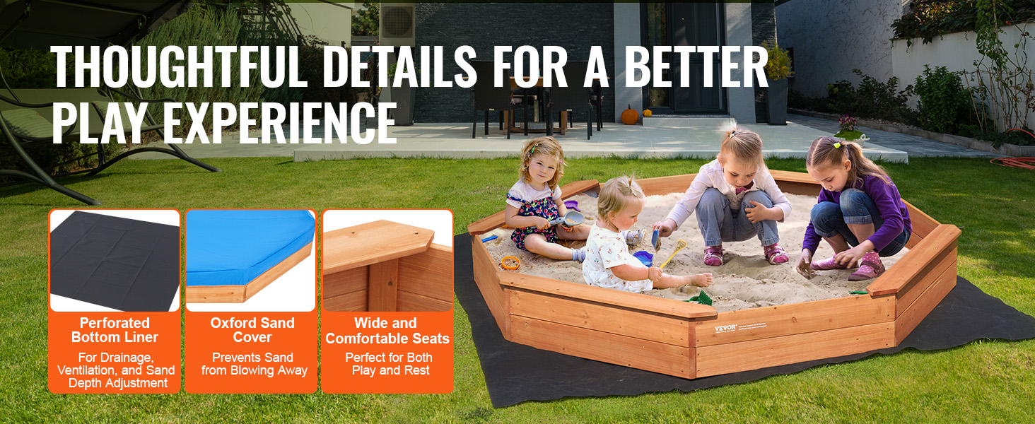 Дерев'яний пісочниця VEVOR з кришкою, восьмигранна пісочниця, пісочниця з 4 місцями для сидіння та підстилкою, дитяча пісочниця для саду, подарунок для хлопчиків та дівчаток віком 3–12 років, дерево + восьмигранна форма