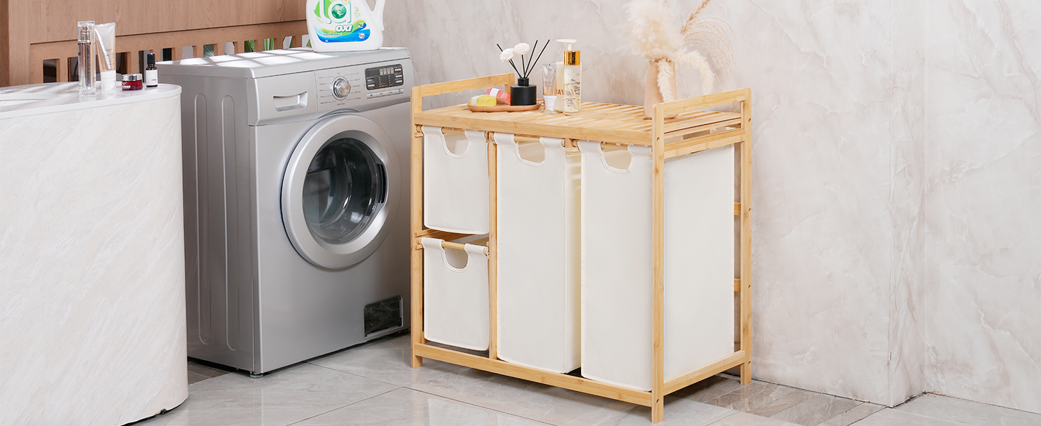 Бамбуковий кошик для білизни iEGrow з 4 відділеннями (150л), з полицею для брудної білизни, Oxford-тканина, 2 x 50л, 2 x 25л, бежевий