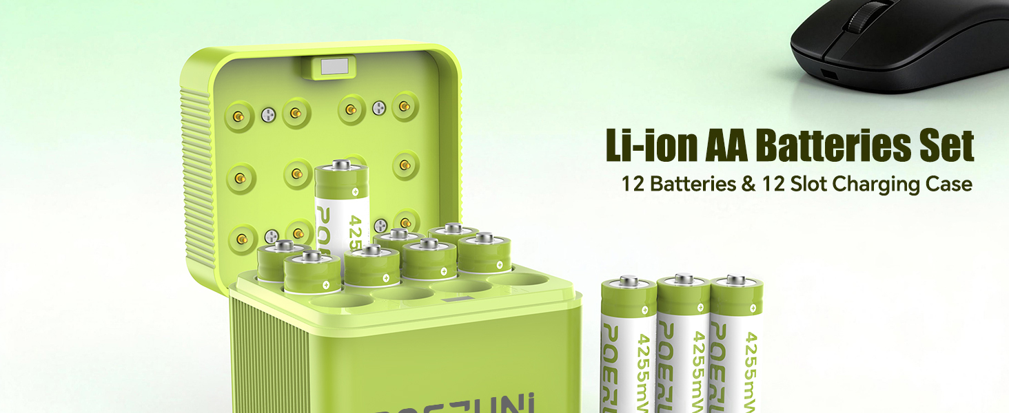 Набір акумуляторів POERUNI AAA 1.5V з USB-C зарядним пристроєм, перезарядні батарейки (4 шт), зелені