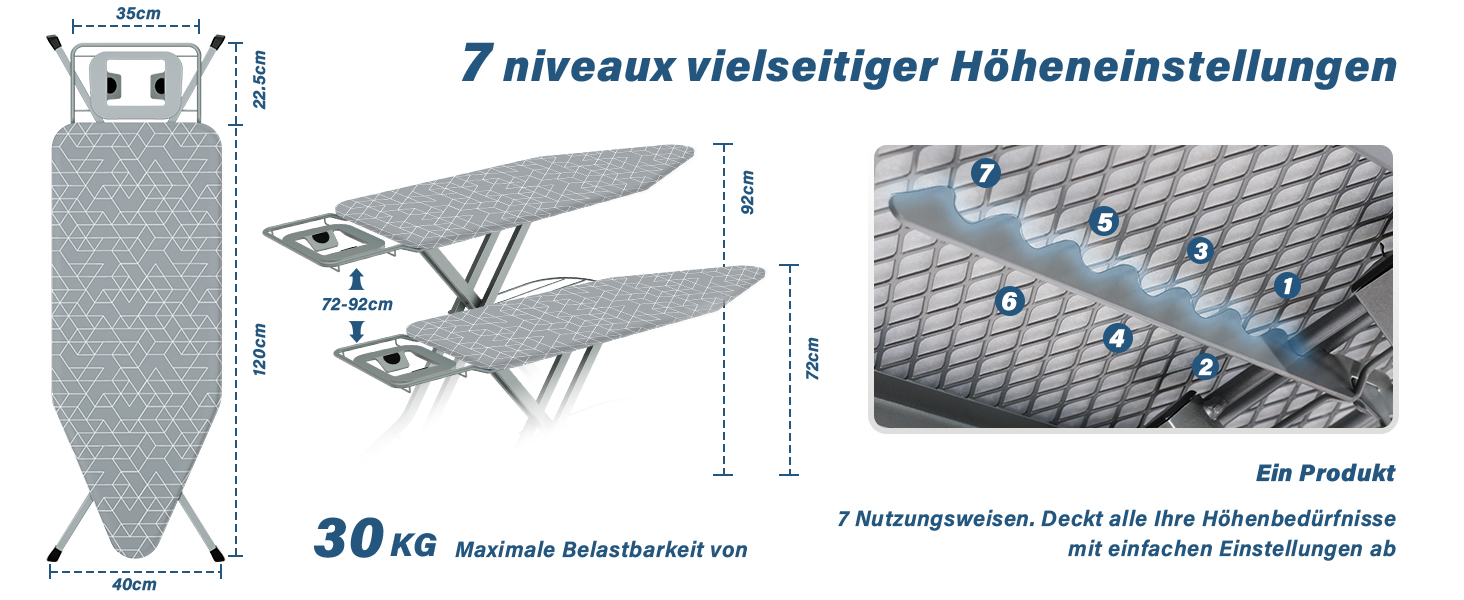 Прасувальна дошка STANEW XXL 120 x 45 см – розкладна та регульована по висоті, з системою безпечного закривання, підставкою для праски та неслизькими ніжками