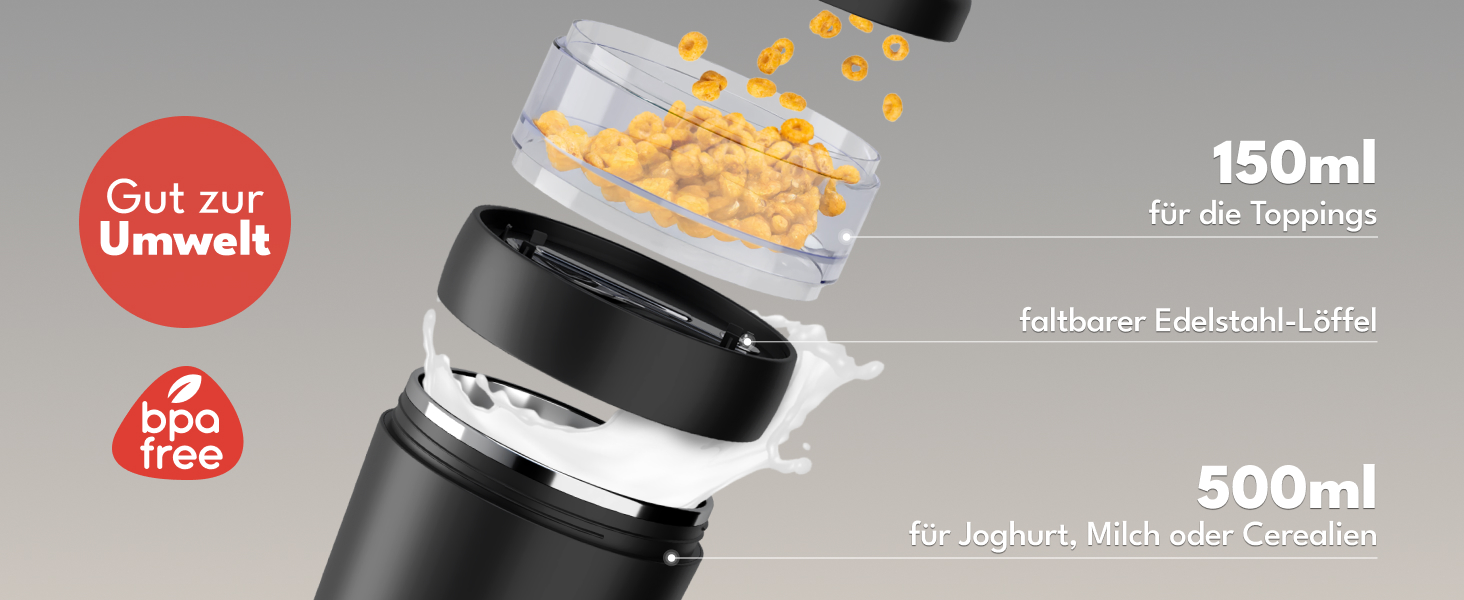 Мюслі-кружка LEBENLANG To Go з ложкою - ізольована чашка з нержавіючої сталі, 650 мл. Чашка для мюслі, йогурту, каші, для дітей та дорослих, рожева, 500 мл + 150 мл