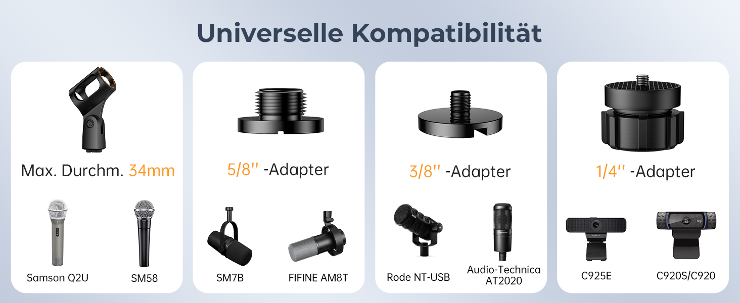 Тримач для мікрофона на стіл, регульований кронштейн 1/4-3/8-5/8 дюйми для Blue Yeti, Fifine, HyperX, мікрофонів/веб-камер/DSLR камер для студії, подкастів, стрімінгу (7-50 см)
