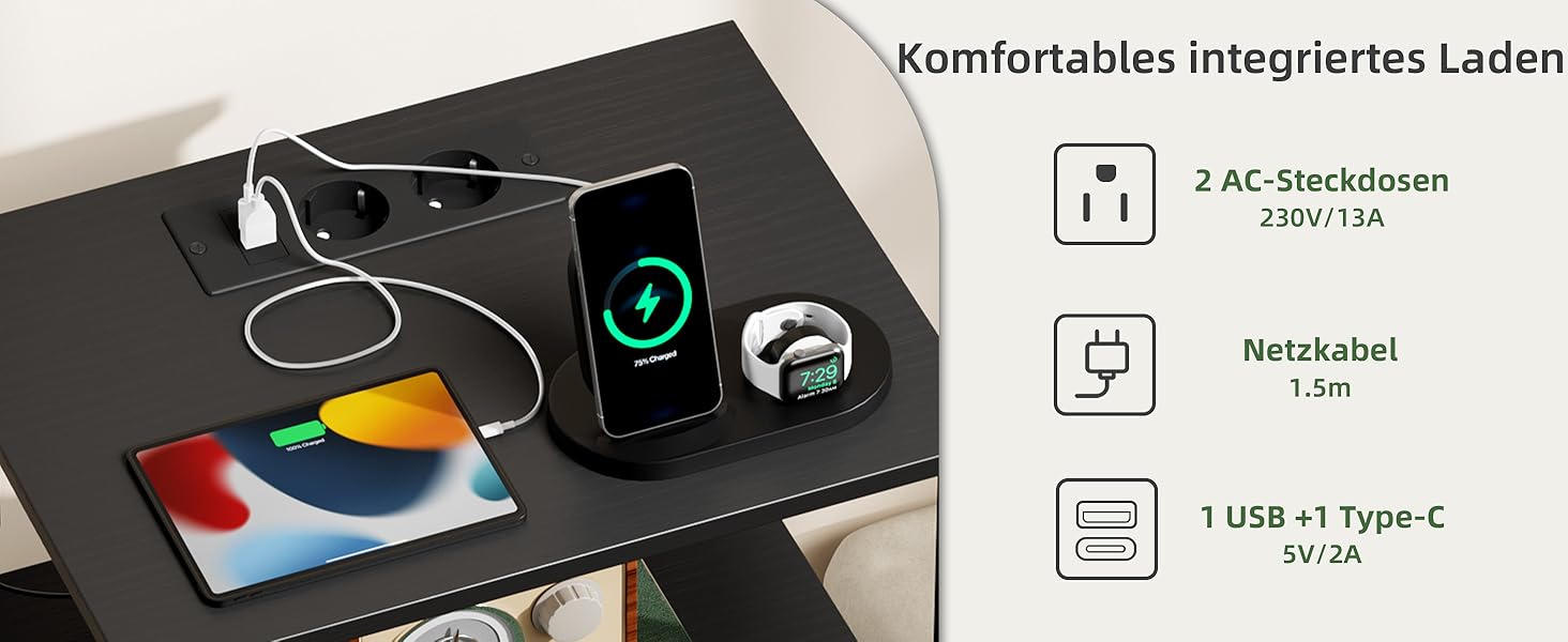 Нічний столик Somdot з підзарядкою, LED, розеткою (USB, Type-C) для спальні, вітальні, дитячої кімнати, чорний, 30x40x60/72 см (2/3 ящики)